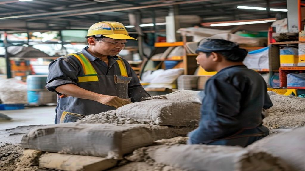 Toko bahan bangunan di Karawang menampilkan beragam material seperti semen, batu bata, dan besi.