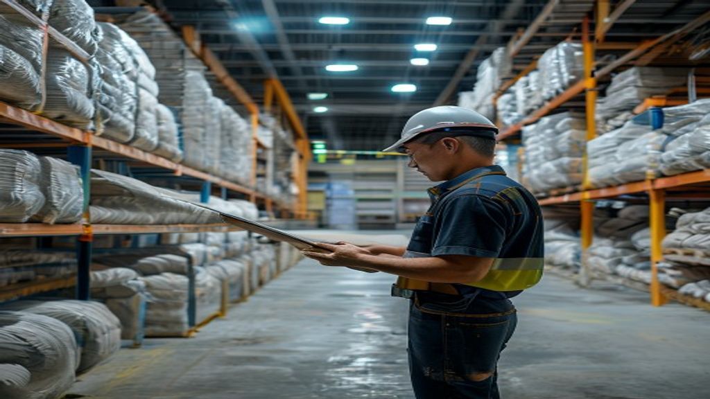 Interior toko bahan bangunan di Karawang dengan rak kayu penuh semen, batu bata, dan perlengkapan konstruksi.