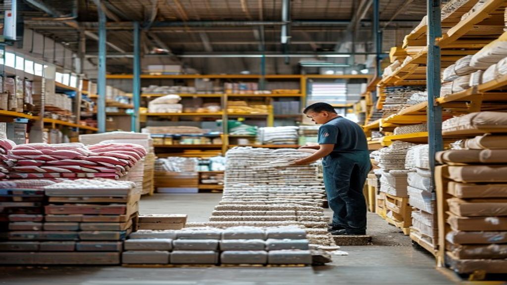 Tampilan toko bahan bangunan lengkap di Karawang dengan stok kayu, semen, dan alat konstruksi.