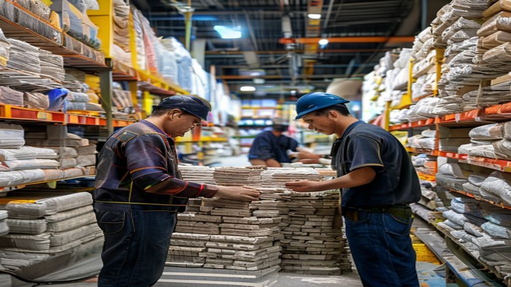 Toko bahan bangunan di Karawang dengan rak penuh semen, batu, dan perlengkapan konstruksi.