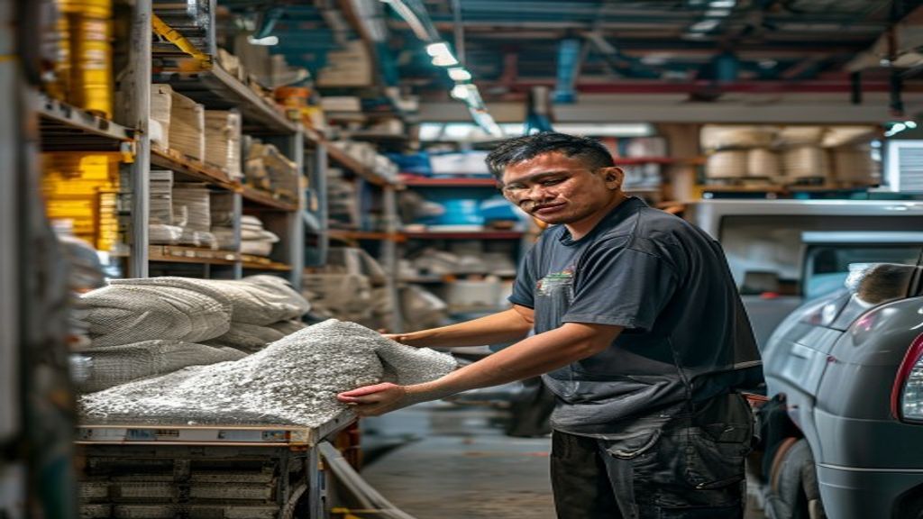 Gambar toko bahan bangunan di Karawang dengan beragam produk seperti semen, batu bata, dan besi.